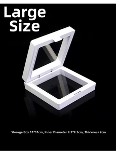 Detailed view of white 11x11cm PE film floating jewelry box showing inner dimensions