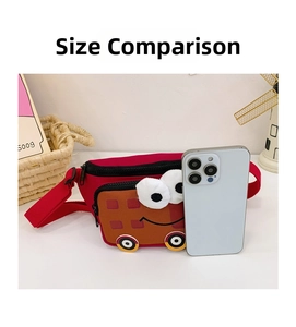 Detailed comparison of red cartoon bus waist bag for kids with a smartphone for scale