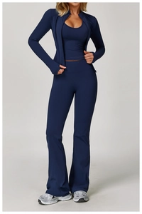 Ensemble de yoga bleu marine 3 pièces avec veste, débardeur et legging évasé taille haute