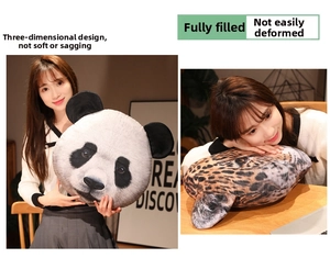 Detail of plush animal head pillows showing panda and leopard 3D realistic printing