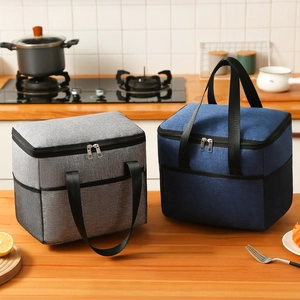 Large Oxford fabric insulated lunch bags in grey and navy blue for picnics