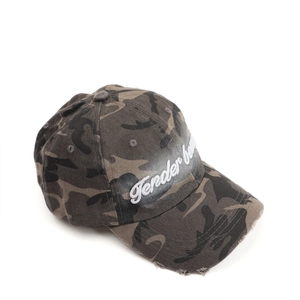 Detail of Tender Bear 3D embroidery and distressed ripped brim on camo baseball cap