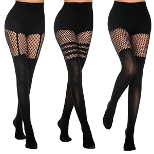 Detail of black patchwork fishnet tights showing high waist and faux thigh-high stocking design