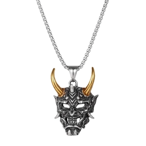Gothic Hannya mask necklace in vintage steel and gold with square box chain