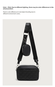Detail of black quilted crossbody bag with adjustable wide nylon strap and round coin purse