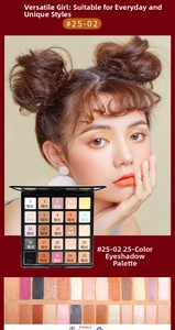 Detailed palette layout showing 25 matte and shimmer eyeshadow shades with arm swatches