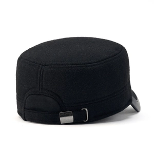 Winter wool cadet hat with adjustable silver buckle and black elastic strap on back