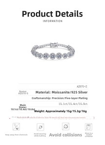 Detailed specs of the 10ct Moissanite 925 silver tennis bracelet with 5-layer plating