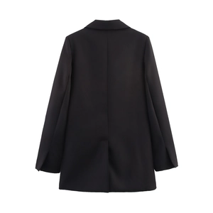 Rear view of black double-breasted loose blazer showing back seam and vent details