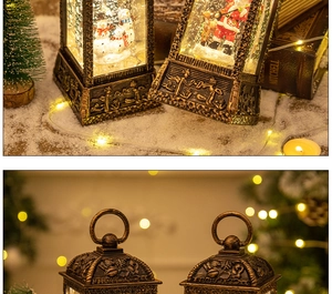 Close-up of vintage bronze Christmas lantern featuring snowman and glitter scene
