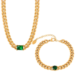 Vintage gold Cuban chain jewelry set with green zircon stones for women in luxury style
