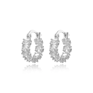 Detailed close-up of 18k silver plated hoop earrings with sparkling cubic zirconia stones