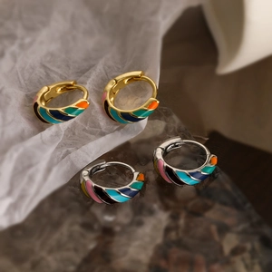 Boho Vintage Kleurrijke Emaille Huggie Hoop Oorbellen Koper Goud Zilver Verguld Retro Geometrische Sieraden Dames