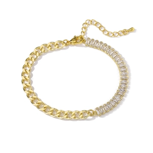 18K gold plated chain bracelet with rectangular cubic zirconia stones for women