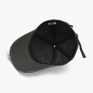 Distressed dark grey cotton baseball cap with vintage embroidery and metal buckle