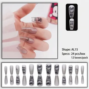 Long grey ice-translucent press-on nails with letter prints and smiley face designs