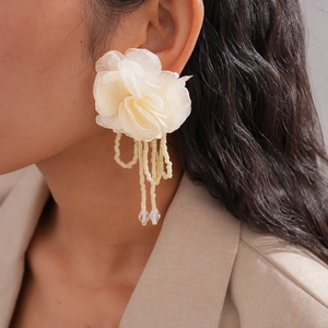 Detailed view of layered white chiffon flower earrings with elegant beaded tassels