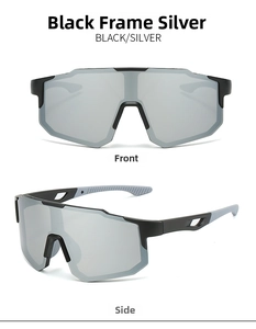 Front and side detail view of black sports sunglasses with silver mirrored lenses