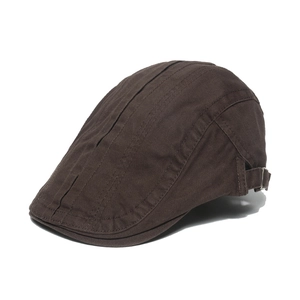 Classic dark brown cotton flat cap with adjustable metal strap and striped stitching