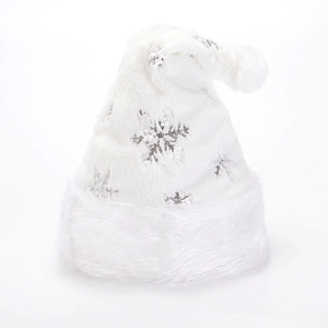 White plush Christmas hat with silver sequin snowflakes and fluffy pompom on top