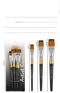 Detailed view of three nylon brushes with wooden handles for watercolor and oil painting