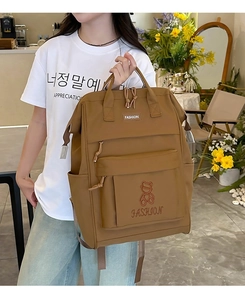 Close-up of brown backpack featuring cute bear embroidery and dual side pockets