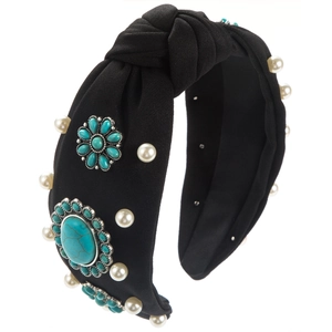 Bohemian black knotted headband with white pearls and turquoise floral metal accents