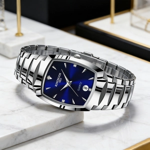 Luxurious quartz men's watch with blue rectangular dial and silver steel strap