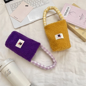 Furry lamb wool water bottle bag with cute cat patch and checkered handle detail