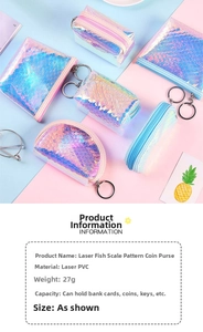 Macro shot of laser fish scale pattern on PVC coin purses showing rainbow textures