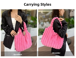 Pink faux fur tote bag showing both hand-carry and shoulder-wear styles in use