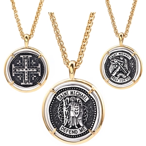 Saint Michael Archangel Medal Pendant Necklace Stainless Steel Bicolor Gold Silver Religious Vintage Prayer Jewelry For Men