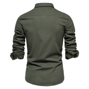 Back view of men's slim fit long sleeve casual cotton shirt in dark military green color