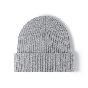 Light gray thermal knitted beanie with vertical stripe pattern and thick ribbed cuff