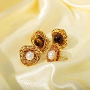 Boucles d'oreilles rétro à fleurs creuses avec œil de tigre naturel et perles dorées