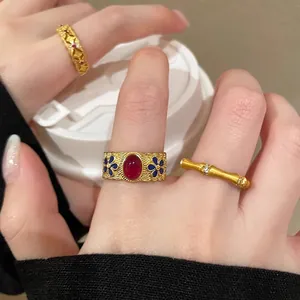 Retro s925 silver gold rings with red gemstone and blue enamel bamboo design
