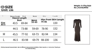Detailed size guide table for long sleeve bodycon dress with precise measurements