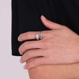 Creative stainless steel dolphin ring for men with blue eye details and silver finish