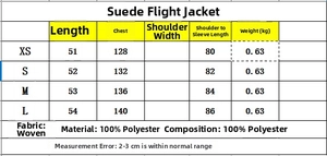 Detailed size chart for faux suede bomber jacket with measurements and fabric information