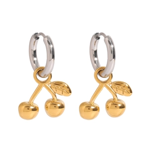 Elegant gold cherry drop earrings with silver stainless steel hoops on white background