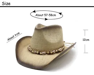Detailed size chart for cowboy straw hat showing 58cm circumference and 9cm brim width