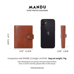 Brown leather RFID bifold wallet for men with detailed dimensions and size comparison