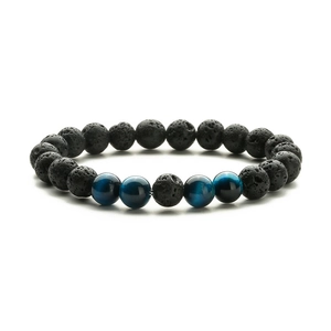 8mm natural blue tiger eye and black lava rock beaded energy bracelet on white background