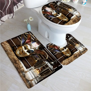 Three-piece bathroom set featuring vintage Venice mask print on non-slip rugs and toilet cover