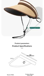 Detailed view of color-block straw sun visor with UPF 50+ rating and adjustable strap