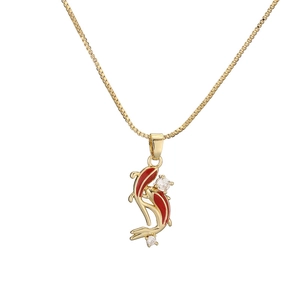Golden fish pendant necklace with red enamel and crystals on a thin box chain