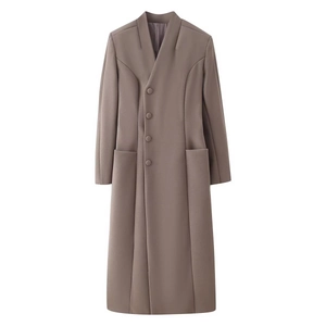 Brown long wool coat for women with stand collar, padded shoulders and side buttons