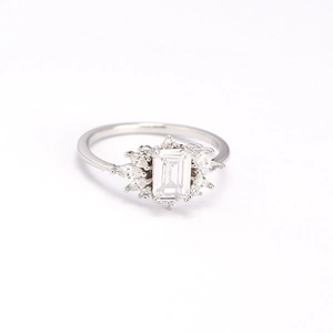 Elegant S925 sterling silver ring with emerald cut clear stone and marquise accents