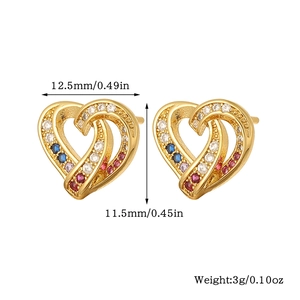 Detail showing copper heart earrings with colorful zircon inlay and dimensions