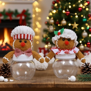 Christmas gingerbread man candy jars with transparent bodies and festive scarves